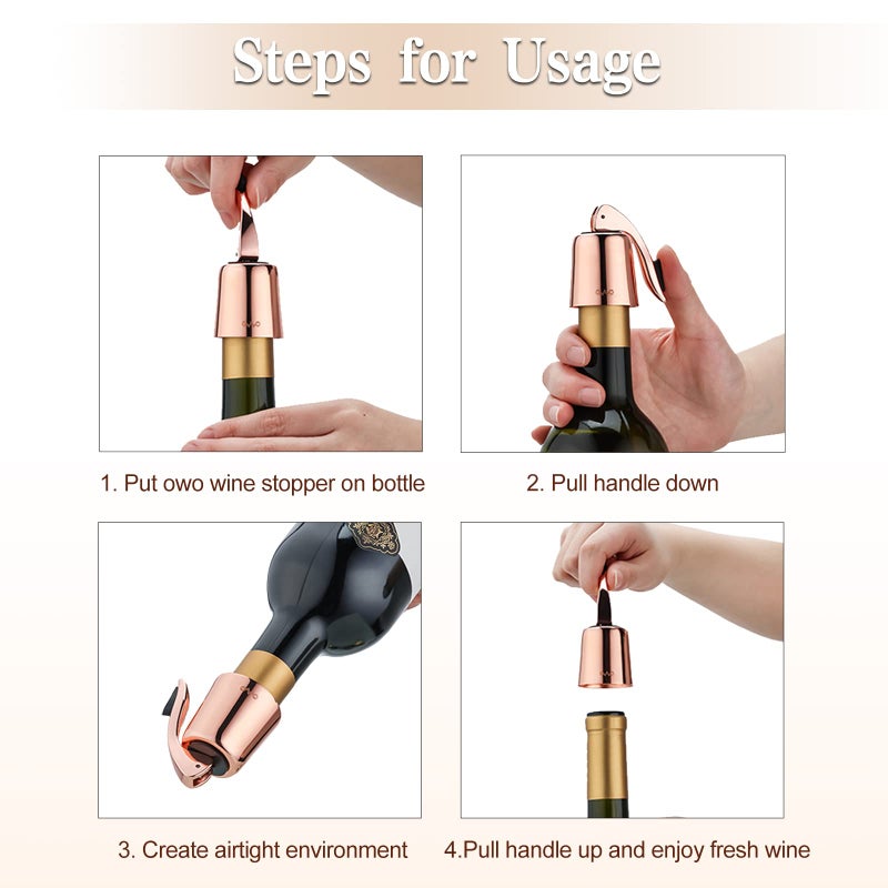 OWO Stainless Steel Wine Bottle Stopper, Reusable Wine Saver with Silicone Seal, Decorative Bottle Sealer, Keeps Fresh (Rosegold, 2 Pack) - Image 3